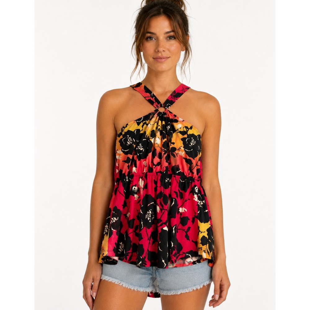 Anthropologie Y2K Floral O-Ring Halter Babydoll Halter Top Large